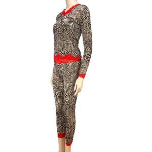 MARY GREEN Loungewear Set Y2K Zebra Print Silk Stretch Maximalist Red Lace sz S
